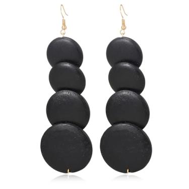 Imagem de Coiris Brincos longos de madeira estilo boho hippie, brincos pendentes com gancho de prata para mulheres, Aço inoxidável, Sem pedra preciosa