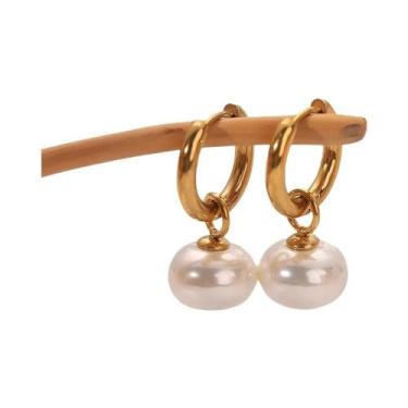 Imagem de Brincos De Argola Em Aço Inoxidável Dourado Com Pérolas Imitadas, Joia