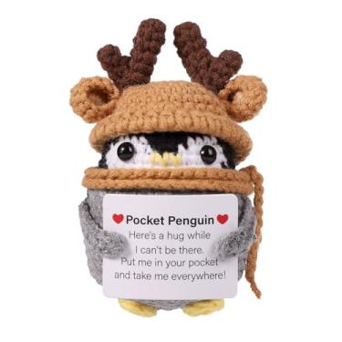Imagem de Boneca pinguim de bolso positivo, pinguim engraçado de malha de batata com cartão positivo, suporte emocional de lã fofo, crochê, chapéu de chifre, presente de alegria para amigos, decoração de