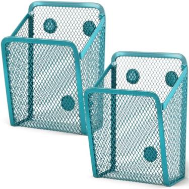 Imagem de Fuutreo 2 porta-lápis magnético grande de malha de aço inoxidável, organizador de armazenamento para geladeira, quadro branco, quadro-negro, cozinha, geladeira, armário, casa, escritório, escola (azul