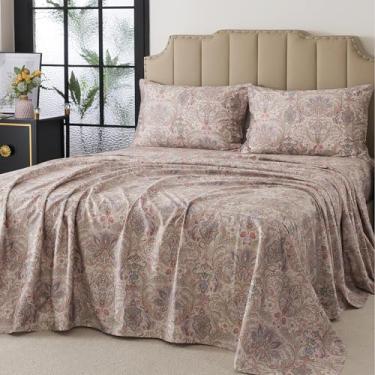 Imagem de FADFAY Jogo de cama California King Size com 4 peças, algodão de fibra longa, lençol com elástico alto, macio e respirável, estampa vintage marrom Paisley para todas as estações