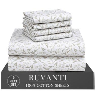 Imagem de RUVANTI 6 peças de lençóis de algodão – 100% algodão natural, macio, leve e respirável, lençóis de percal crocantes de casal 40,6 cm com bolsos profundos, Botanica Living