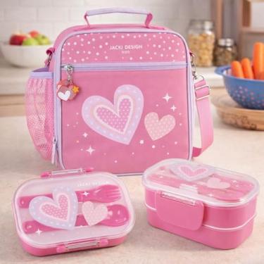 Imagem de Kit Bolsa Térmica Infantil com Lancheira Dupla C/Talher Para Escolar Brincadeira Piquinique Diversão e Conserva Alimentos (Pink Coração)