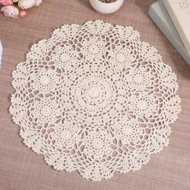 Imagem de Doilies vintage de renda de crochê – Jogo americano grande de renda de algodão feito à mão de 38 cm, toalha de mesa redonda de crochê boêmia para decoração de fazenda, casamento, festa e sala de