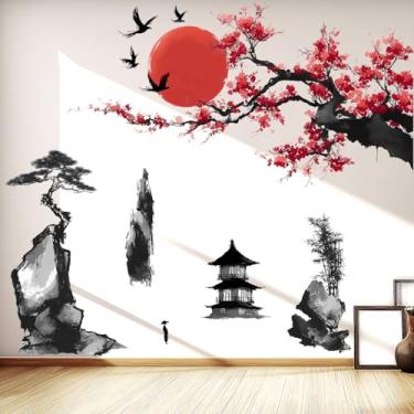 Imagem de VePret Decalques de parede de paisagem chinesa descasque e cole, adesivos e murais de parede de árvore de cerejeira grande, arte de decoração de casa removível para quarto, sala de estar, sala de aula