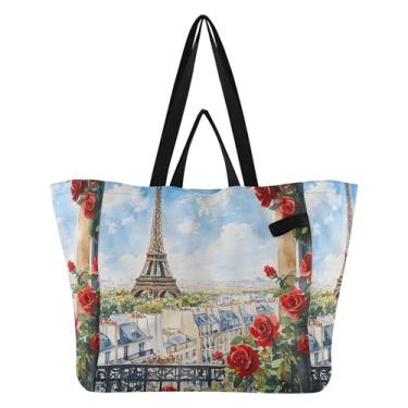Imagem de SEHANY Sacola de compras reutilizável da Torre Eiffel de Paris com alças reforçadas, bolsa de compras de lona dobrável à prova d'água de grande capacidade para viagem, cozinha, praia