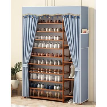 Imagem de SGeneE Sapateira de bambu com capa contra poeira, prateleiras de armazenamento de sapatos de entrada, armário organizador de sapatos de madeira para entrada, quarto, sala de estar, design de vários