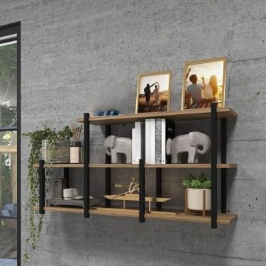 Imagem de Prateleira Industrial de Parede em Ferro Preto com Madeira Laminada – Nicho Triplo Decorativo para Sala e Quarto