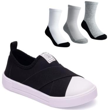 Imagem de Tênis Infantil Calce Fácil com Elástico, Preto, Tamanho 28-34 Confortável, Sem Cadarço Kit com 3 Pares de Meia Pimpolho (BR, Criança de 4 a 8 anos, Numérico, 32)