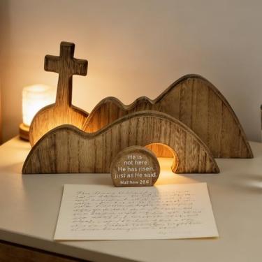 Imagem de FESTGLOX Conjunto de tumba vazia de madeira com cruz, cena de Páscoa de tumba vazia para decoração cristã, cena de ressurreição de Páscoa de madeira para exibição religiosa, bandeja de mesa de