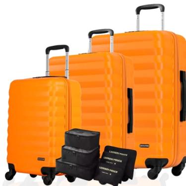 Imagem de Cj de Malas Bordo 10kg + Média 23kg + Grande 32kg, Cadeado Fixo 3 Dígitos, ABS Capacete de Piloto, Padrão ANAC + Kit Organizador Necessaire 6 Peças p Meias e Calcinhas (Neon Amarelo, Kit PMG)