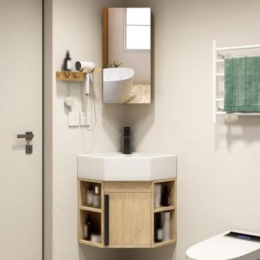 Imagem de Vaidade de canto para banheiro com pia de lavatório – pia compacta montada na parede, mini penteadeira acima do balcão com armário espelhado, design flutuante para espaços pequenos