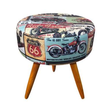 Imagem de Puff Banqueta Berlim Redondo Estampado Motoclube Pés Castanho - D'Ross