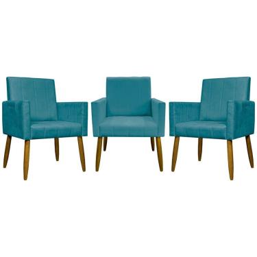 Imagem de Kit 3 Poltronas Decorativas Confortáveis Mari - Azul-turquesa Suede