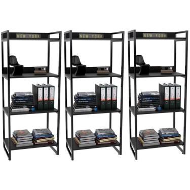 Imagem de Kit 3 Estantes Com 4 Prateleiras Escritório 146x60cm Preto