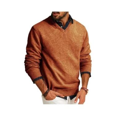 Imagem de Suéter Masculino Slim Fit De Lã Com Decote Em V, Leve, Manga Longa, Ca