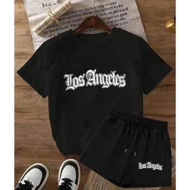 Imagem de Kit Conjunto Camiseta Shorts Feminino Los Angeles Academia Treino Leve
