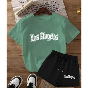 Imagem de Kit Conjunto Camiseta Shorts Feminino Los Angeles Academia Treino Leve