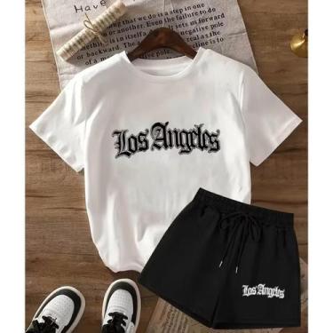 Imagem de Kit Conjunto Camiseta Shorts Feminino Los Angeles Academia Treino Leve