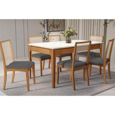 Imagem de Conjunto Mesa Mira Premium Madeira Maciça c/ Tampo Madeirado c/ Vidro 