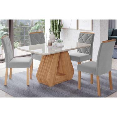 Imagem de Conjunto Mesa Sala Jantar ágata Tampo Madeirado Com Vidro 130x80cm E 4 Cadeiras Fernanda Madeirado Linho Grafite Cimol