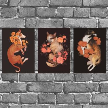 Imagem de Kit 3 Placas Decorativas Cães Com Flores 18x27cm