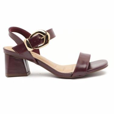 Imagem de Sandália Feminina Sapato Da Corte Salto Bloco Médio Fivela, Bordô, 37
