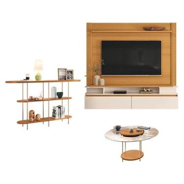 Imagem de Home Suspenso Astor Cinamomo Off White E Mesa De Centro Sky Com Tampo De Vidro E Aparador Infinity Cinamomo - Hb Móveis