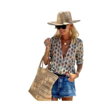 Imagem de Blusa Casual Feminina Com Estampa Gráfica Boho, Decote Em V E Manga Lo