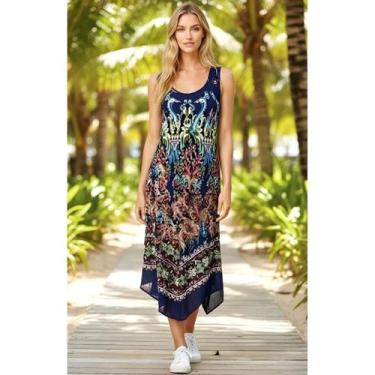 Imagem de Vestido Longo Trapézio Saida de Praia Indiano Pavão Azul IF-15450 - Ha