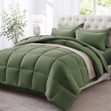 Imagem de Conjunto de edredom Zzlpp Queen Olive Green, 7 peças, cama em uma bols