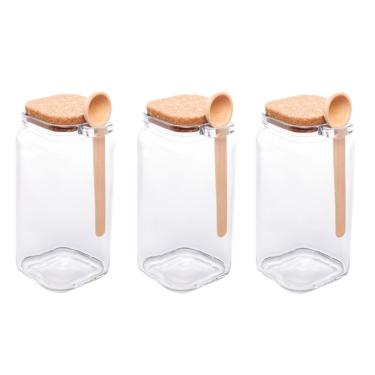 Imagem de Kit 3 Porta Temperos Quadrado 1,15L Vidro com Colher de Bambu Tampa Rolha para Cozinha Transparente Lyor