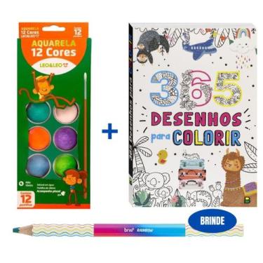 Imagem de Kit de Colorir Infantil Livro 365 Desenhos + Aquarela 12 Cores + 1 Bri