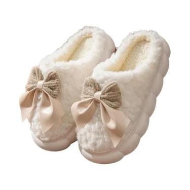 Imagem de Pantufas Femininas De Inverno Com Laço De Pelúcia, Sola Grossa Macia, 