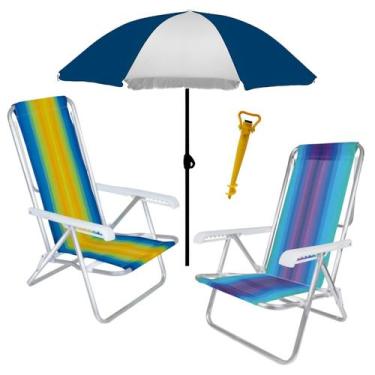 Imagem de Kit Praia 2 Cadeira Reclinável 8 Posições Alumínio + Guarda Sol 1,8m +