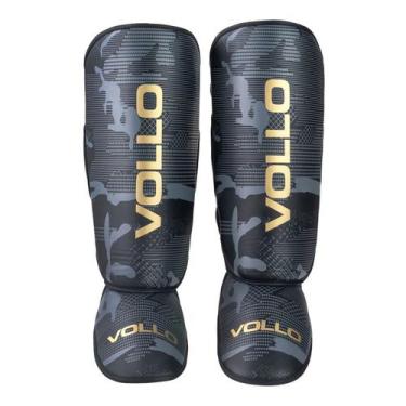 Imagem de Caneleira Muay Thai MMA Injetada VOLLO Preta / DOURADA, Preto, P/M
