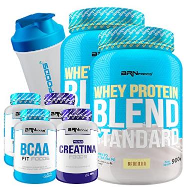 Imagem de Kit 2x Whey Protein Blend Standard 900g Baunilha + 2x Creatina 100g + 2x BCAA Fit Foods 100g + Coqueteleira - BRN FOODS