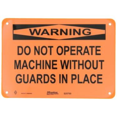 Imagem de Master Lock S25700 25,4 cm de largura x 17,7 cm de altura polipropileno, placa de segurança preta sobre laranja, cabeçalho "Aviso", lenda "Não operar máquina sem protetores no lugar"