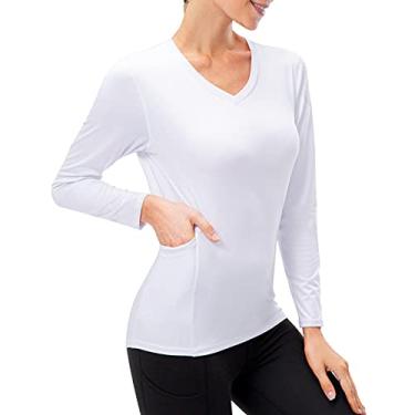 Imagem de Camisa esportiva feminina com bolso de secagem rápida elástico fino decote em V mangas compridas camiseta de ioga tops(Large)(Branco)