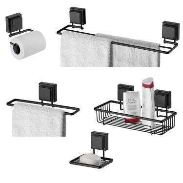 Imagem de Kit Banheiro 2 Toalheiro Porta Shampoo Saboneteira Suporte Papel Higiênico Ventosa Preto Fosco - Future