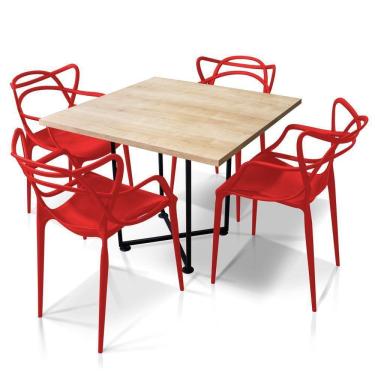 Imagem de Kit 04 Cadeiras Vermelho e 01 Mesa de Jantar 04 Lugares 90cm Preto