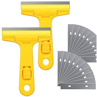 Imagem de Jinhong Pacote com 2 lâminas de barbear, ferramenta manual de limpeza resistente para janelas de vidro da indústria com 20 lâminas para remover resíduos de massa e tintas, cola de lama e papel de parede (amarelo)