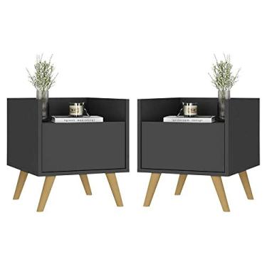 Imagem de Kit com 2 Mesas de Cabeceira 40 cm com Pés Retrô Multimóveis Mp4044 Preta/natural