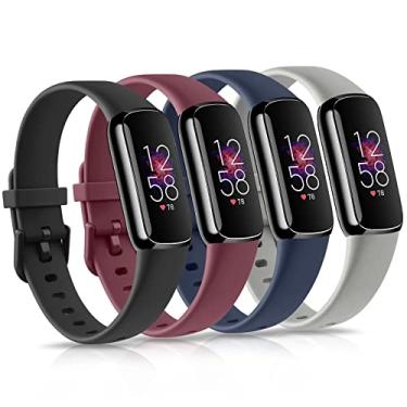 Imagem de Pacote com 4 pulseiras para Fitbit Luxe, pulseira de silicone macio de substituição para Fitbit Luxe/Luxe edição especial rastreador de atividades feminino e masculino (grande, preto/vermelho vinho/azul marinho/cinza)