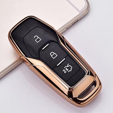 Imagem de CSHU Capa de chave de carro em TPU macio capa de chaveiro com anel de bolsa, adequado para Ford Fusion Mondeo Mustang F-150 Explorer Edge 2015 2016 2017 2018, dourado