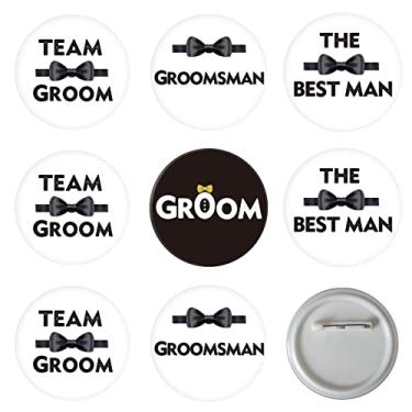 Imagem de 10 pinos de botão de despedida de solteira e pinos de equipe do noivo de equipe, pinos de crachá de flandre para noivo, fita de prêmio de padrinho, botão de broche de mancha para decorações de festa de casamento, 2in, Liga de aço