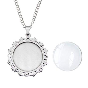 Imagem de 25 mm 10 conjuntos de bandejas de resina de aço inoxidável molduras redondas de renda base conjunto de pingentes com colar de corrente de vidro cabochão acessório de artesanato, Aço inoxidável, Sem pedra preciosa