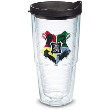 Imagem de Tervis Copo isolado Harry Potter 1349143 - Hogwarts House Crests com emblema e tampa preta, 680 g, transparente
