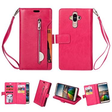 Imagem de Capa para Huawei Mate 9, carteira de couro PU Folio Flip Case com zíper bolso slots para cartão fecho magnético capa protetora à prova de choque com alça de pulso para Huawei Mate 9 (rosa vermelha)