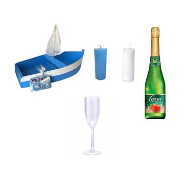 Imagem de Kit Oferenda Iemanja Completo Barco 60cm + Velas + Cidra + Taça